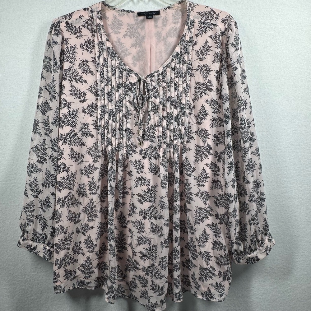 Tommy Hilfiger Womens Flowy Blouse Pink Lined Lightweight Pin Tuck Tie Neck‎ XL